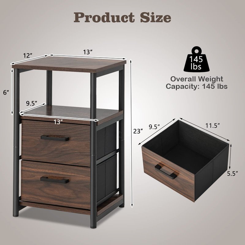 COSTWAY Nightstand with 2 Fabric Drawers, 3-Tier Bedside Sofa Side Table with Open Shelf, Metal Frame, Industrial End Table for Bedroom, Living Room, Dormitory, Walnut