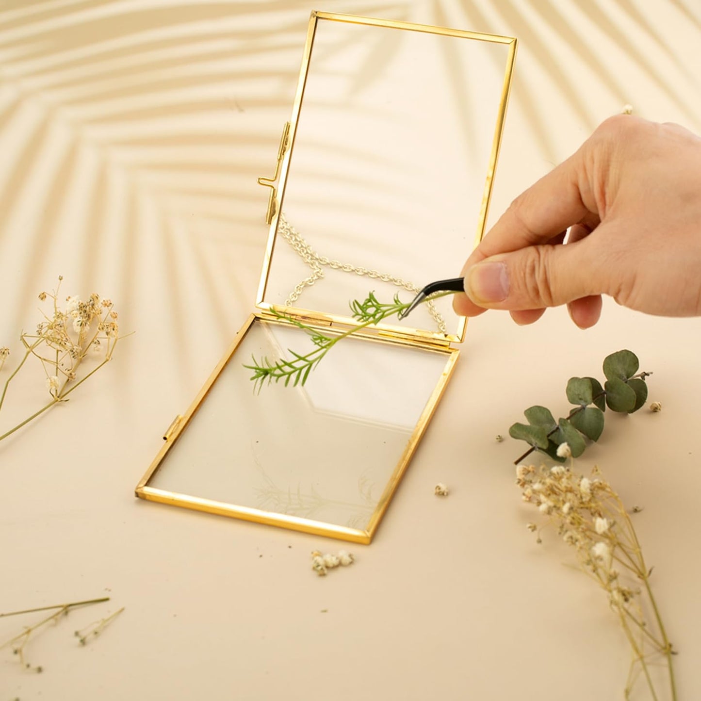 FOCHIER F 5 Pcs Pressed Flower Frames with Tweezers, Wall Hanging Tabletop Display Double Glass Frames with Metal Chain for Pressed Dried Flowers Plants, Horizontal and Vertical Picture Frame, Golden