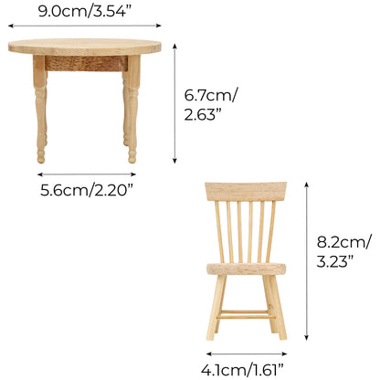 1/12 Miniature Dollhouse Round Table and 2 Chairs Dining Set, Mini Wooden Unpainted Burlywood Barbie Kitchen Furniture Accessories