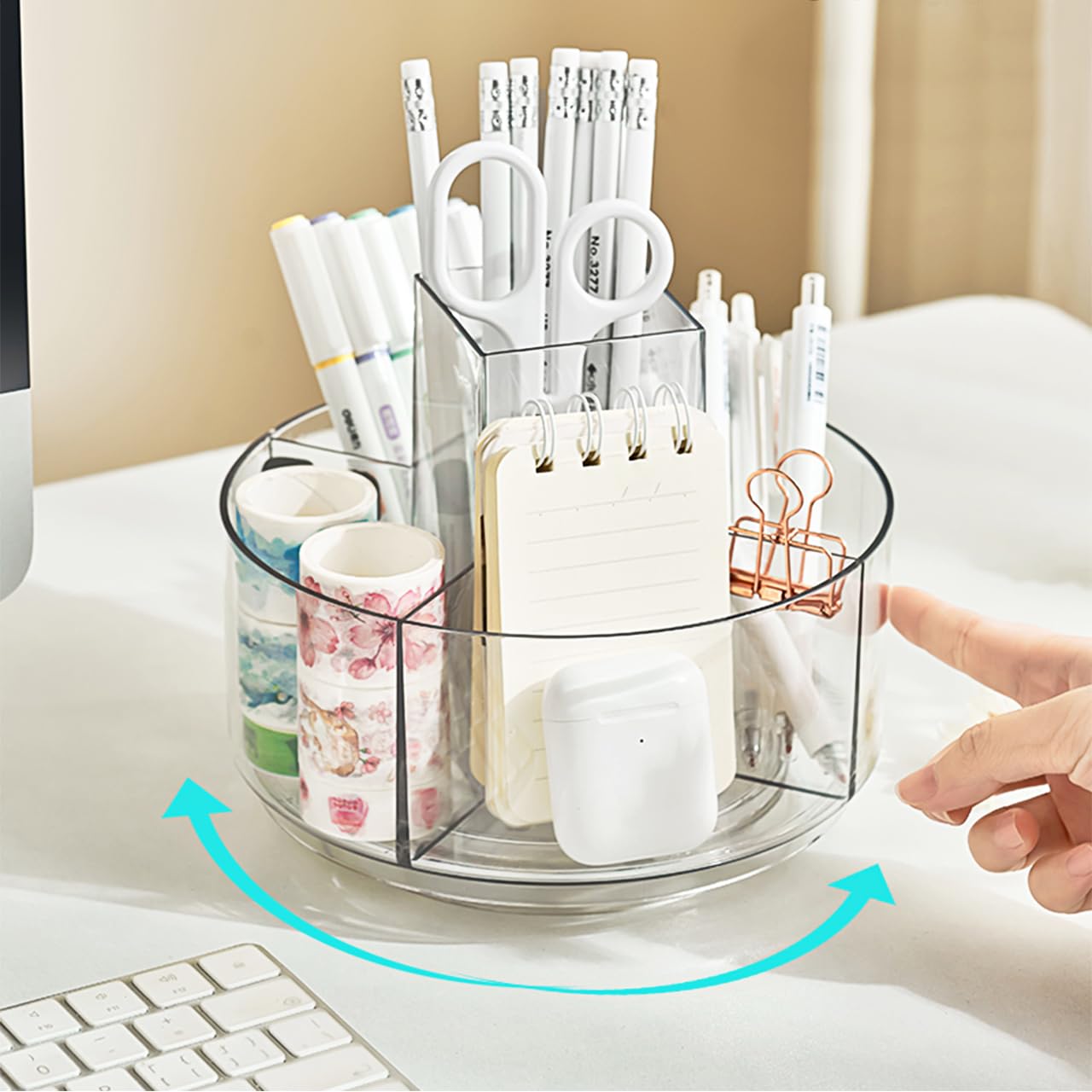 JIKIOU Acrylic Pen Holder, 360-Degree Rotating Pen Holder for Desk, Clear Desk Organizers and Accessories with 5 Compartments Pencil Organizer, Art Supply Storage Box Caddy for Office, Home