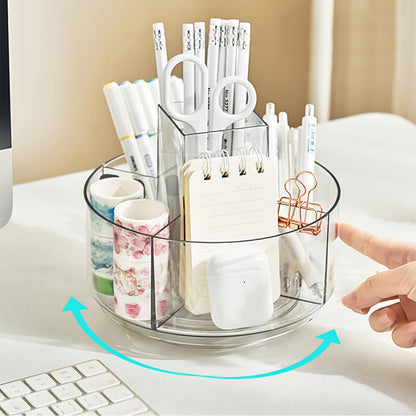 JIKIOU Acrylic Pen Holder, 360-Degree Rotating Pen Holder for Desk, Clear Desk Organizers and Accessories with 5 Compartments Pencil Organizer, Art Supply Storage Box Caddy for Office, Home