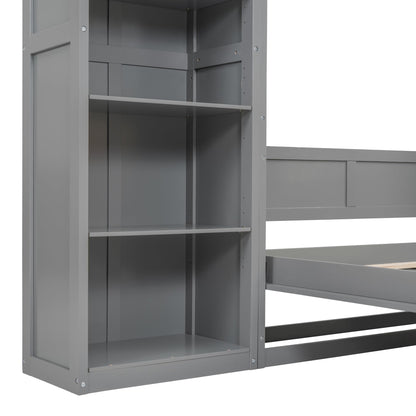 KTATK Full Size Murphy Bed with Five-Layer Cabinet,Solid Wood Storage Hidden Wall Beds Frame,W/Dual Piston Metal Folding Mechanism Designed,Space-Saving,for Home Office,Study,Guest Room,Gray
