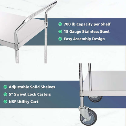 18" x 58" x 37" Stainless Steel Two Shelf Utility Cart - Commercial Heavy-Duty NSF Service Cart with Handles, Storage Rolling Shelving for Warehouse, Office, Food Service