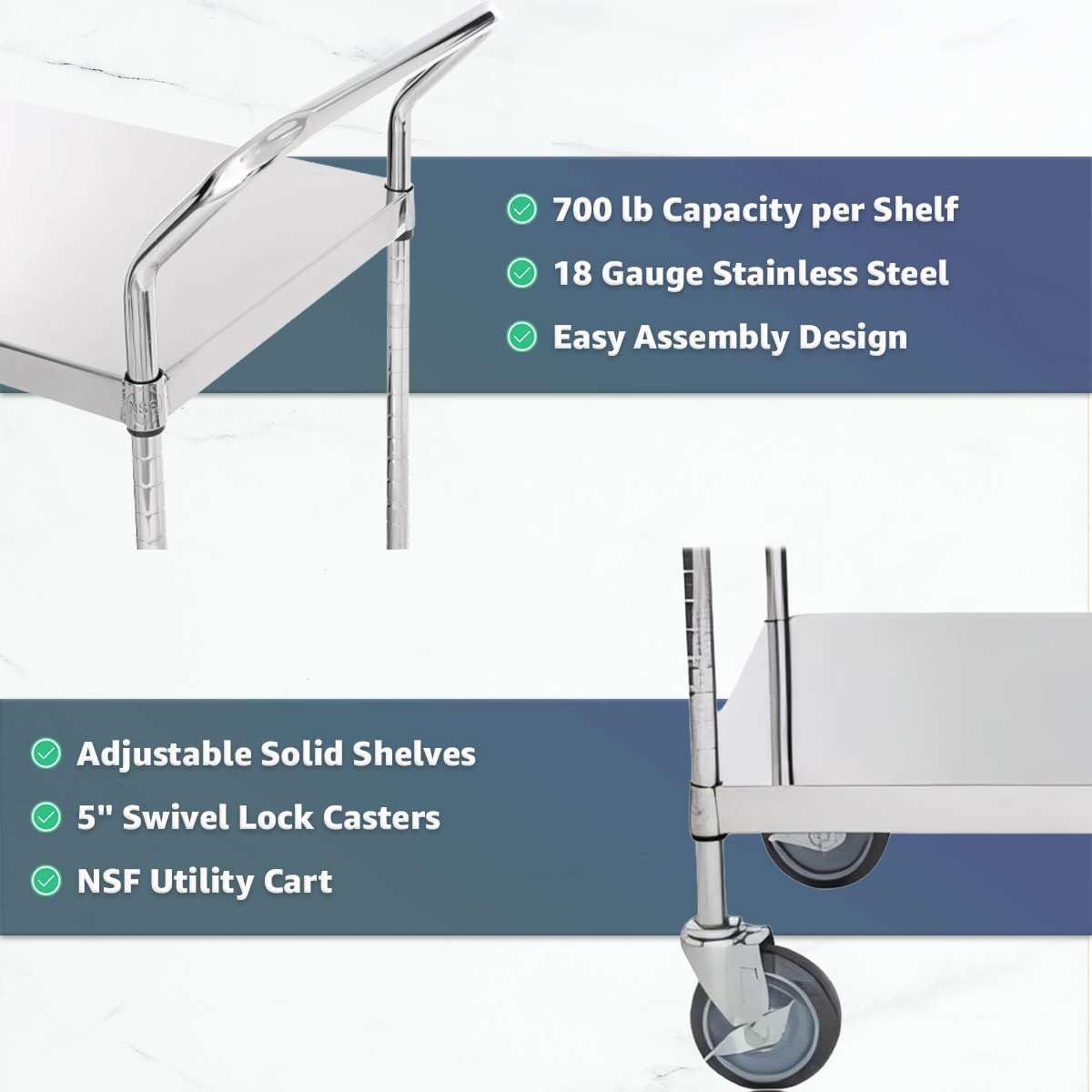 24" x 46" x 37" Stainless Steel Two Shelf Utility Cart - Commercial Heavy-Duty NSF Service Cart with Handles, Storage Rolling Shelving for Warehouse, Office, Food Service