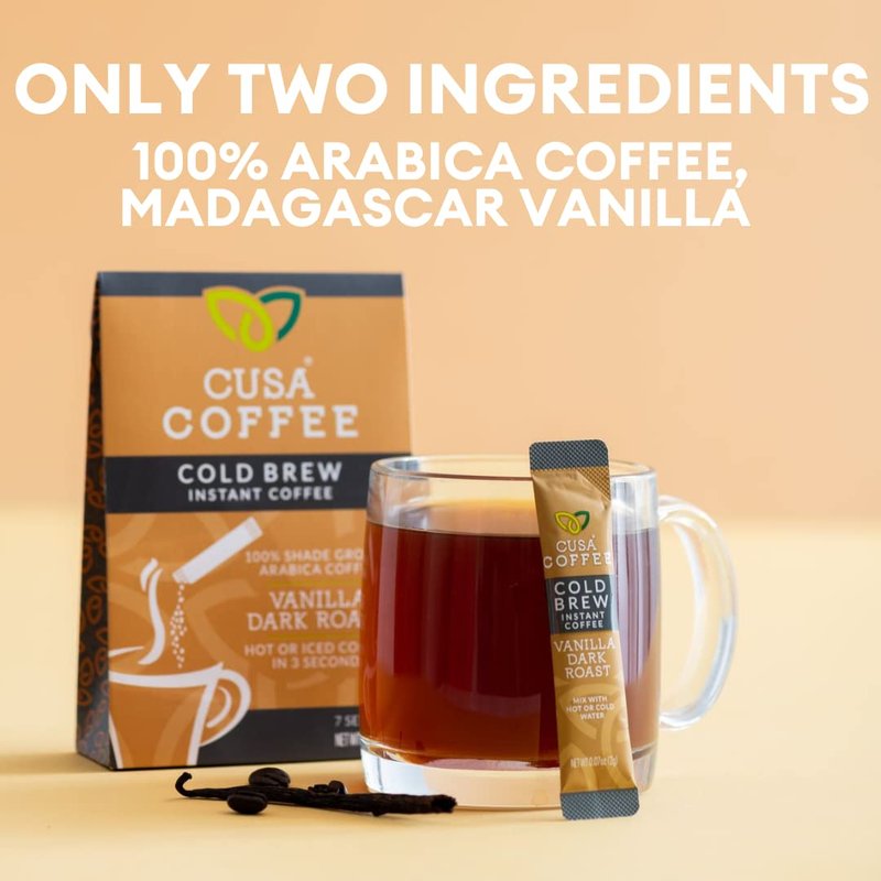 Cusa Tea & Coffee | Premium Instant Vanilla Dark Roast | Rainforest Alliance Certified Arabica Beans | Hot or Cold Brew Drink Mix Packets (30 Single Servings)