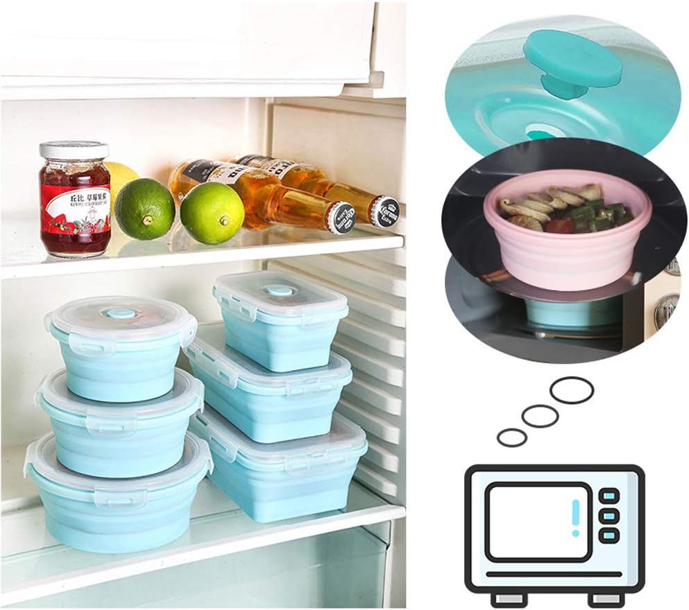 GLE2016 Collapsible Bowls, Silicone Food Storage Containers with Lids for Camping, Round Lunch Containers, Blue