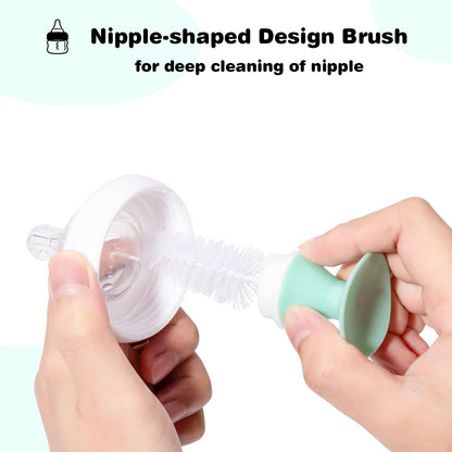 Baby Bottle Brush with One Base Hidden Nylon Nipple Cleaner, Stand Suction Cup,2 Pack Straw Brushes,1 Pack Sponge Nipple,1 Piece Replacement Head, Green