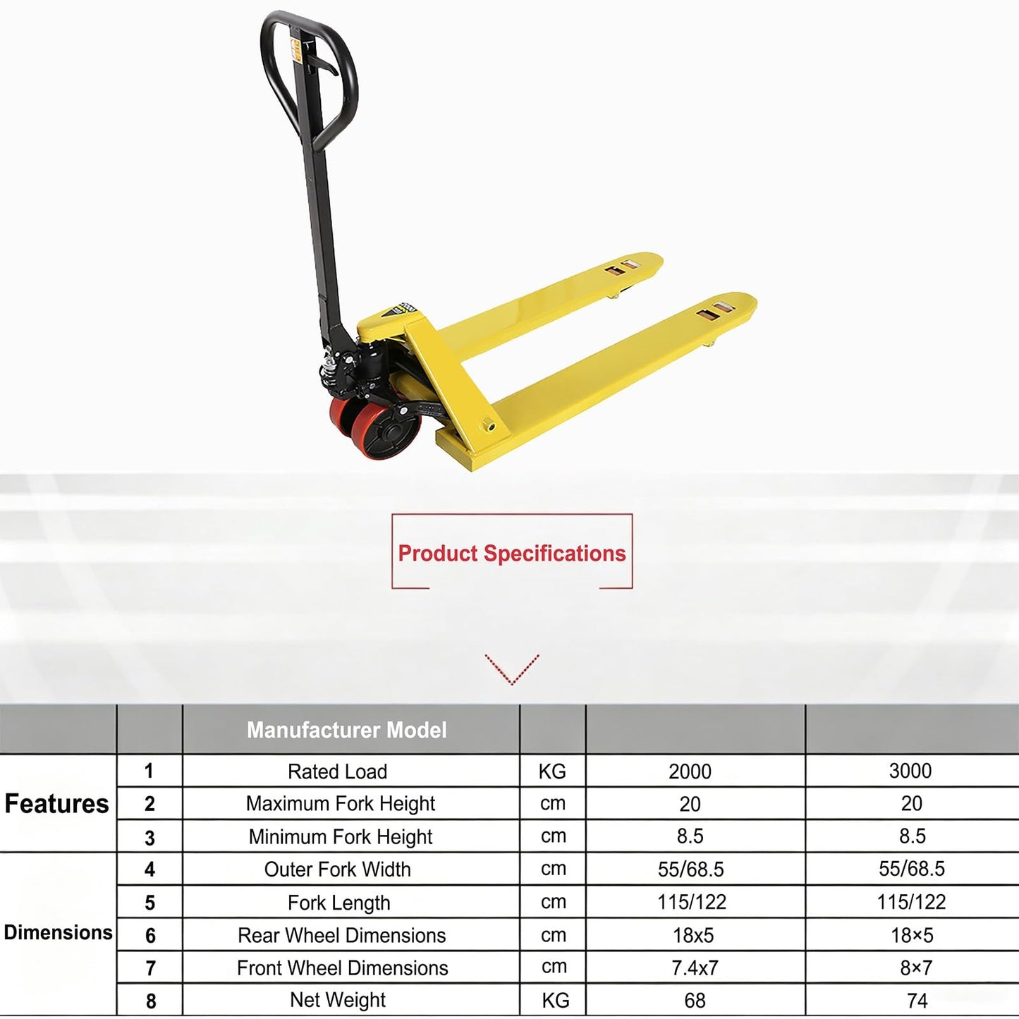 High Capacity Pallet Jack with48x 27in,3000KG. Capacity, Manual Truck for Warehouse, Manufacturing and Retail, Yellow Powder-Coated Surface Finish(122x68.5x20cm)