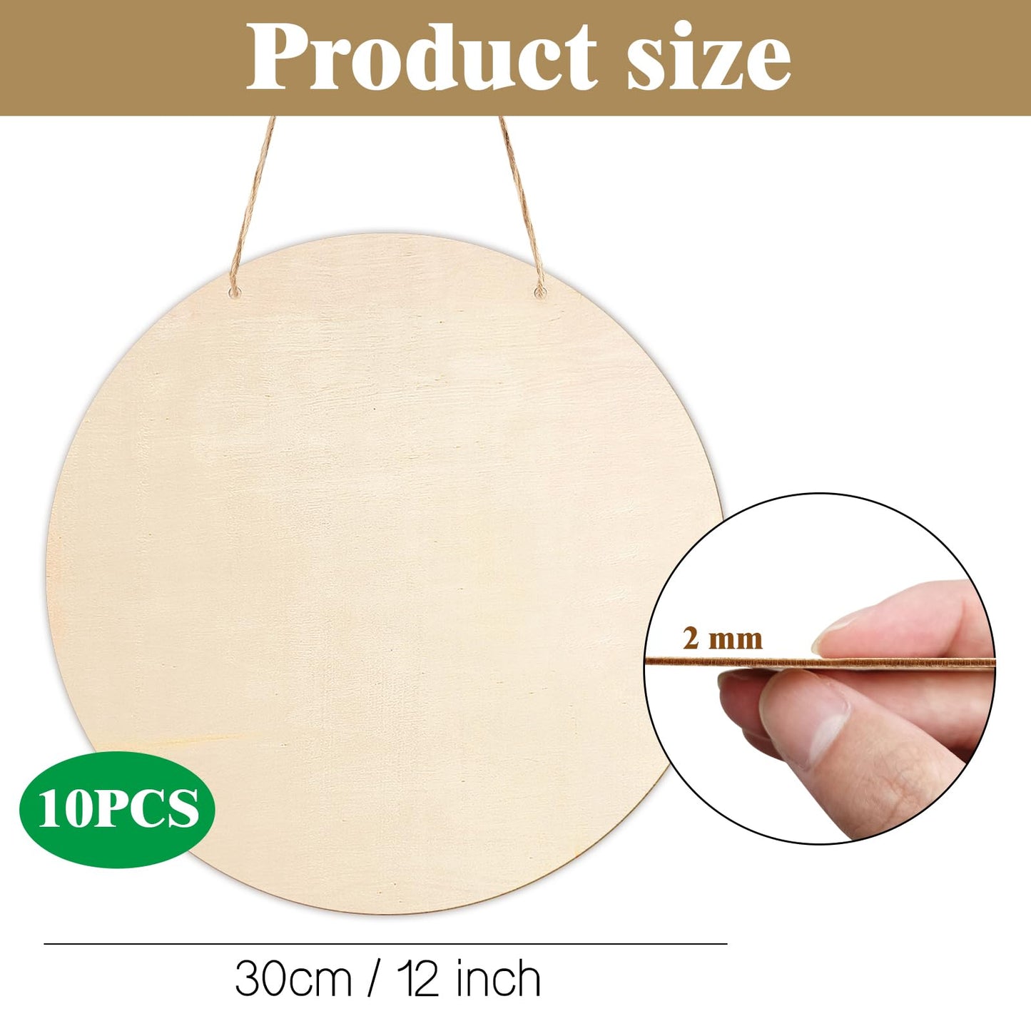 10Pcs Thickened Wood Circles for Crafts with Holes,12" Unfinished Wood Rounds Discs with Twine,Wooden Round Circles for Door Hanger,Blank Wooden Signs for Painting,Wood Burning