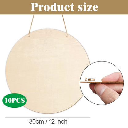 10Pcs Thickened Wood Circles for Crafts with Holes,12" Unfinished Wood Rounds Discs with Twine,Wooden Round Circles for Door Hanger,Blank Wooden Signs for Painting,Wood Burning
