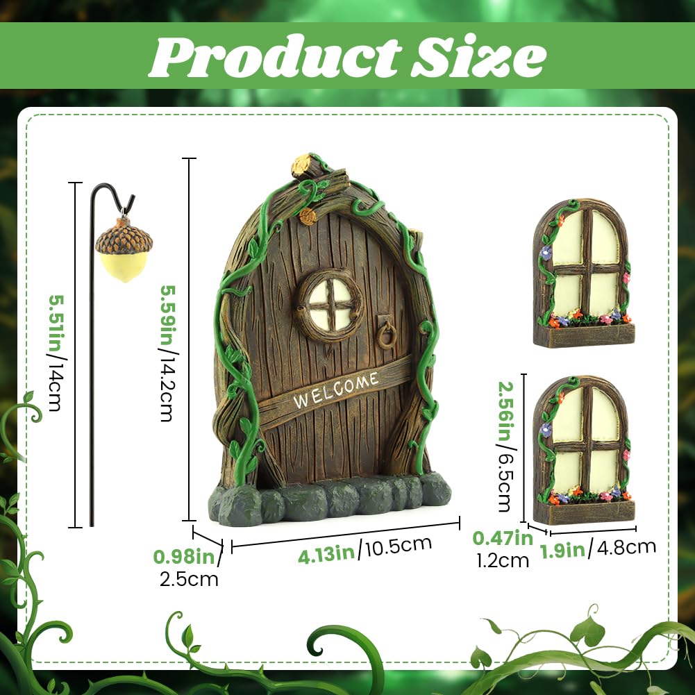 NOVYQREN Miniature Fairy Door and Windows Garden Kit Accessories,Glow in The Dark Fairy Door Windows Yard Art Sculpture Decoration Garden Decor(Wood)