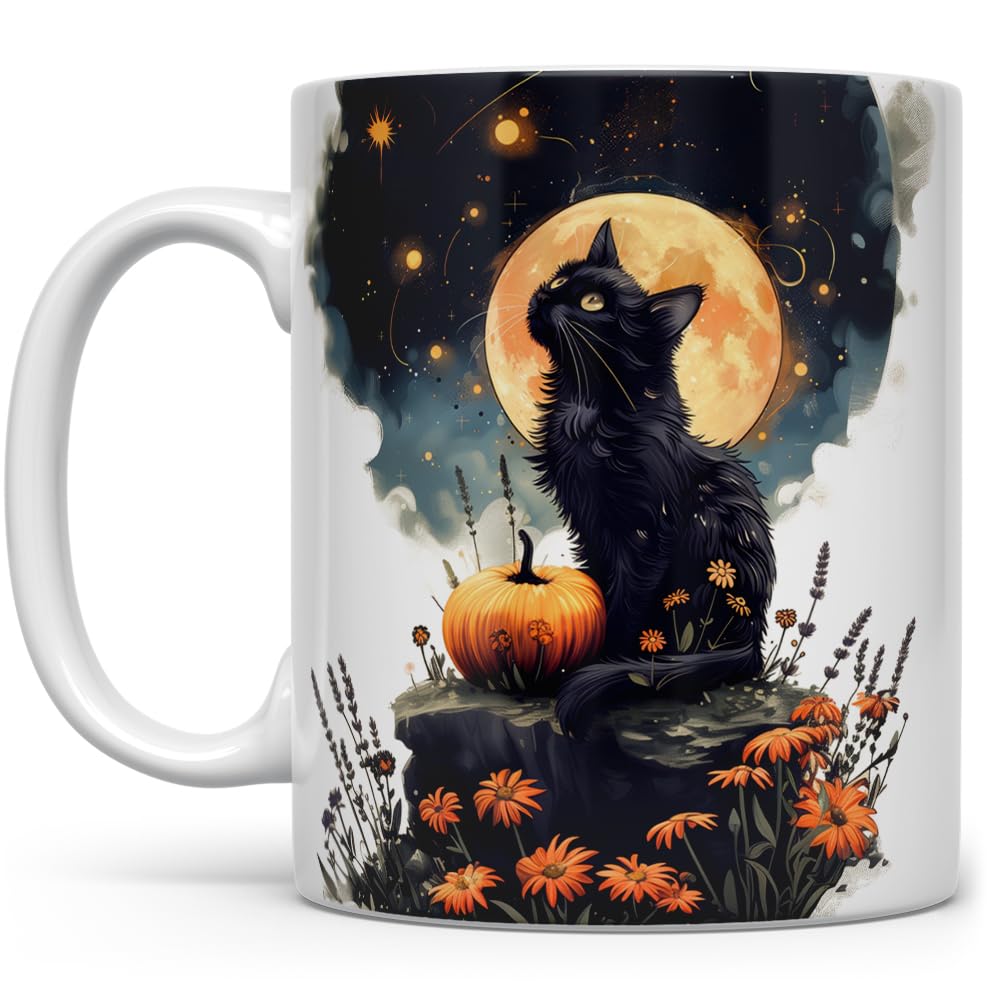 Mystical Black Cat Full Moon Coffee Mug, Witchy Halloween Cup, Spooky Fall Aesthetic, 11oz