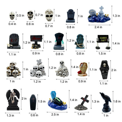 Suartus Halloween Miniature Figurines - 20 Resin Ghost Tombstones Skull Heads Scene Ornaments Halloween Garden Accessories Mini Figurine Decorations for Outdoor Home Village Crafts