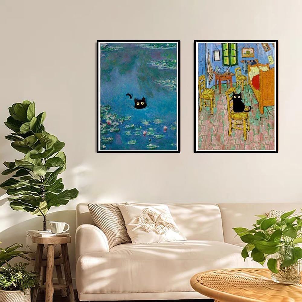 GemZono Diamond Painting for Adults and Beginners - 6pcs, 5D Round Diamond Digital Painting Kit, DIY Black Cat Diamond Art Painting, Matisse Van Gogh Living Room Bedroom Decoration (11.8x15.7 inches)