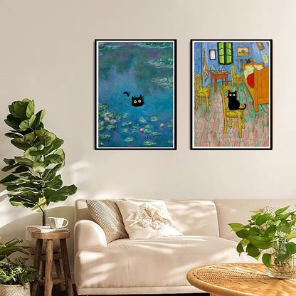 GemZono Diamond Painting for Adults and Beginners - 6pcs, 5D Round Diamond Digital Painting Kit, DIY Black Cat Diamond Art Painting, Matisse Van Gogh Living Room Bedroom Decoration (11.8x15.7 inches)