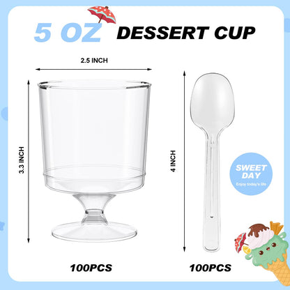 BHHQHH 200 Pack Dessert Cups with Spoons,5Oz Clear Plastic Parfait Cup,Disposable Appetizer Cups Mini Shooter Cups for Fruit Ice Cream Mousse Pudding and Party