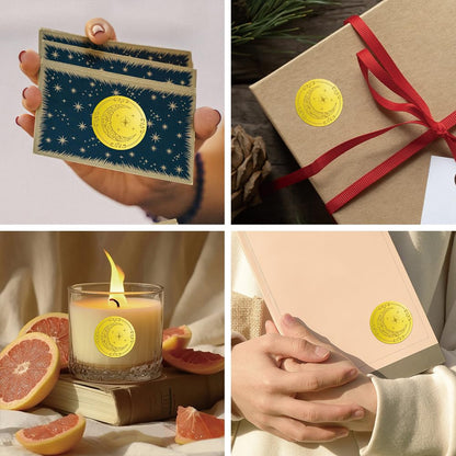 Peacoblue Gold Embossed Sticker Seal 1.4 Inch 150Pcs Moon and Star, Self Adhesive Golden Around Embossing Decals for Party Favors Invitation Envelope Seal Gift Card Certificate Decoration