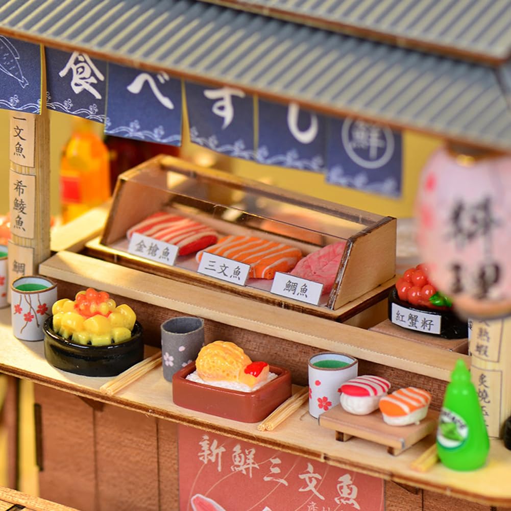 DIY Japanese Sushi Restaurant Food Truck Architectural Model Miniature Dollhouse Kit 3D Wooden Puzzle Mini Dollhouse with LED Lights and Dust Cover for Friends and Family