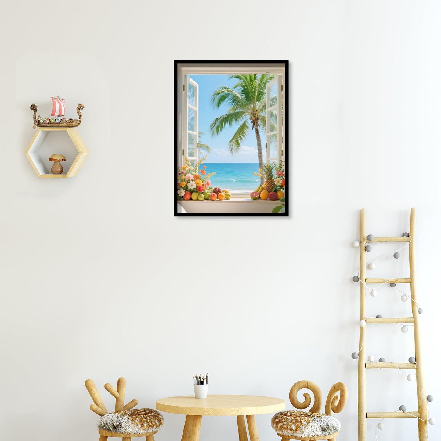 JZHYOAN Summer Beach Window Diamond Painting Kit Hawaii Tropical Island Palm Leaves Ocean Diamond Art Kits for Adults 5D Full Drill Crystal Rhinestone Round Gem Art Craft Kits for Wall Decoration