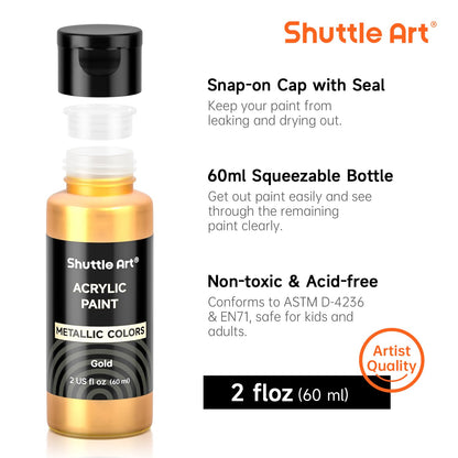Shuttle Art Metallic Acrylic Paint Set, 20 Colors Metallic Paint in Bottles (60ml, 2oz) with 10 Brushes and 1 Palette, Rich Pigments, Non-Toxic for Artists, Beginners on Rocks Crafts CanvasWood Fabric