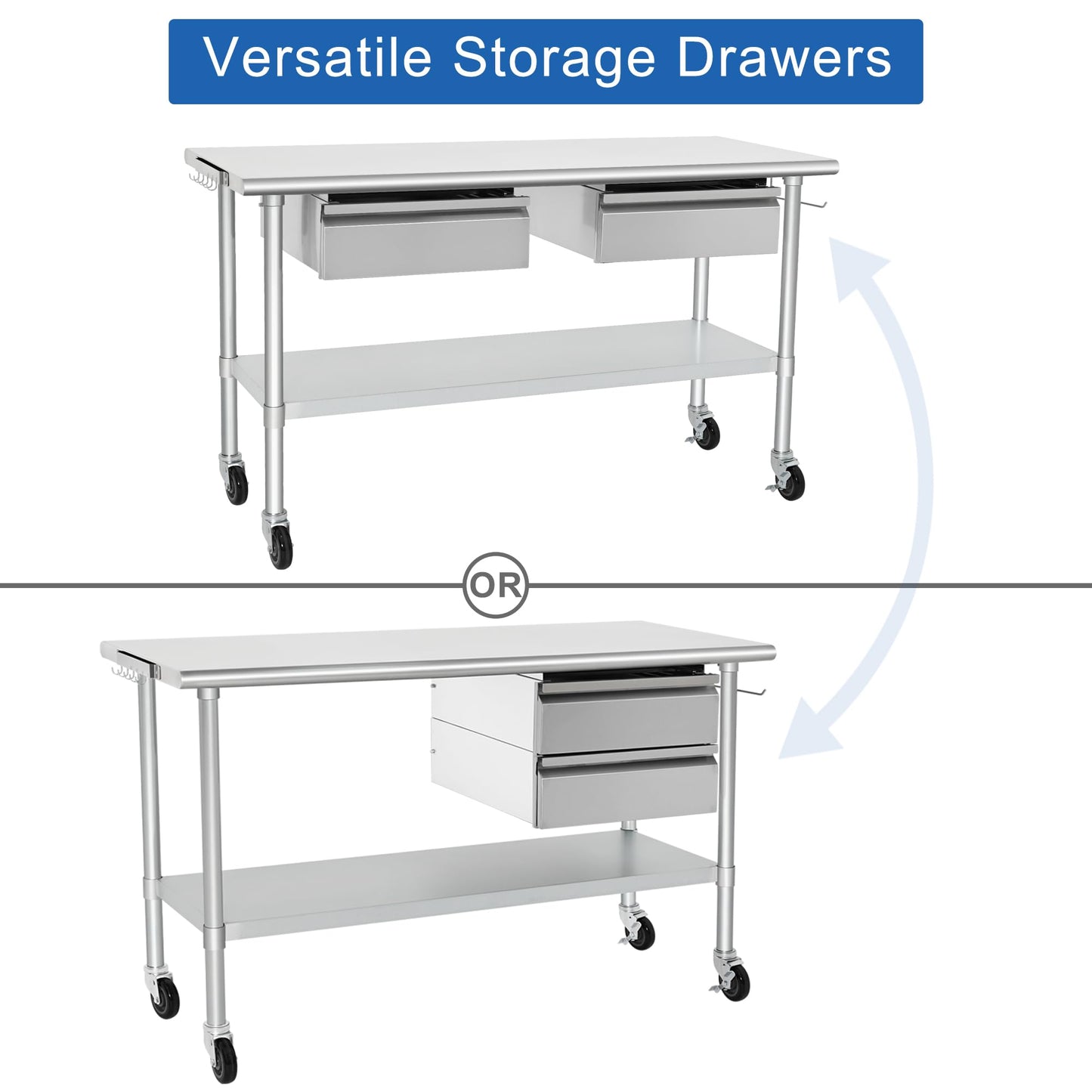 HARDURA Stainless Steel Table with 2 Drawers & Casters, Metel Prep Table with Hook, Tissue Holder and Undershelf 24x60 Inches for Commercial Kitchen Prep