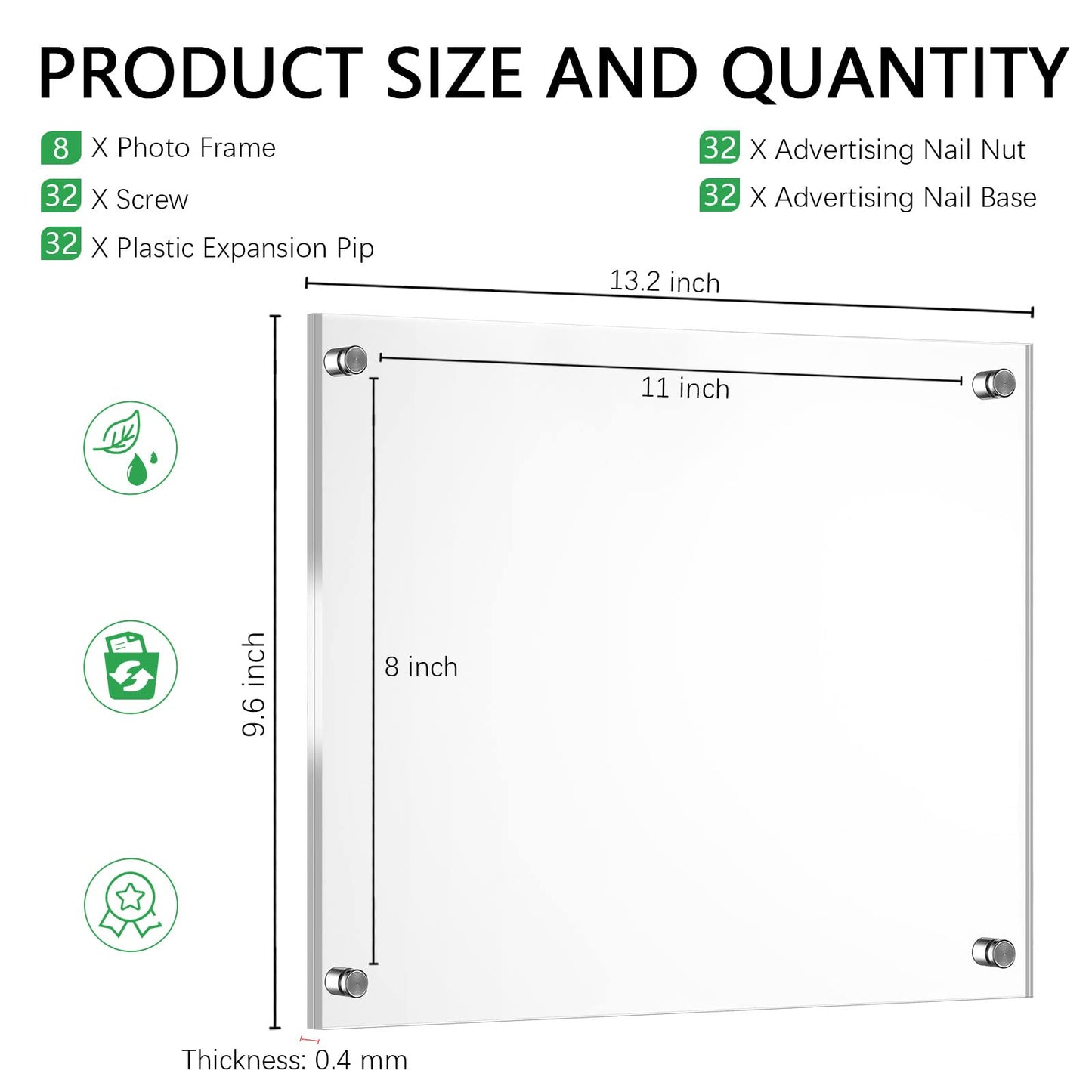 Yalikop 8 Pcs Acrylic Floating Picture Frame 8.5 x 11 Inches Wall Mount Frameless Photo Frames Double Panel Clear for Home Office Photo Display, Full Size 9.6 x 13.2 Inch (Silver)