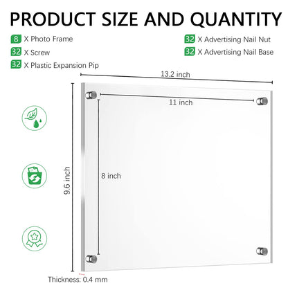 Yalikop 8 Pcs Acrylic Floating Picture Frame 8.5 x 11 Inches Wall Mount Frameless Photo Frames Double Panel Clear for Home Office Photo Display, Full Size 9.6 x 13.2 Inch (Silver)