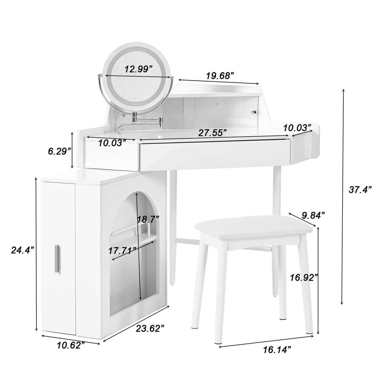 Merax Corner Vanity Desk with Mirror and Lights and Stool, White Makeup Vanity with Folding Mirror & Adjustable Light, Girl Glass Top Dressing Table with Side Storage Cabinet & Drawers for Bedroom