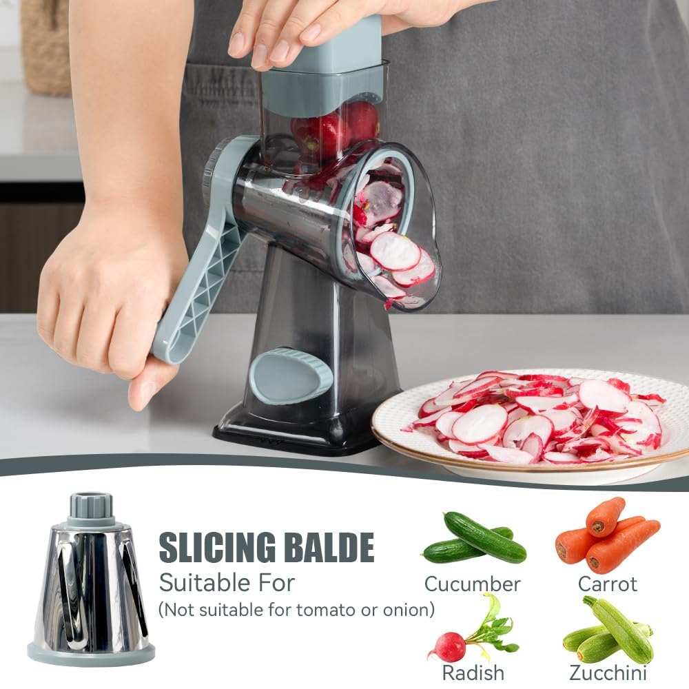 KEOUKE Rotary Cheese Grater Hand Crank Transparent - Shredder Slicer Grinder 3 Stainless Steel Blades, Stable Suction, Labor-Saving Handle, Safe Kitchen Tool for Cheese, Vegetable, Nuts, Chocolate