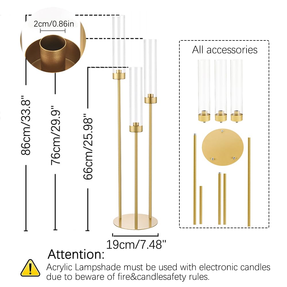 12 Set Gold 3-Arm Candelabra Centerpiece, 33.8 Inch Taper Candle Holder Metal Floor Candlestick Holders for Wedding, Home Party Decoration
