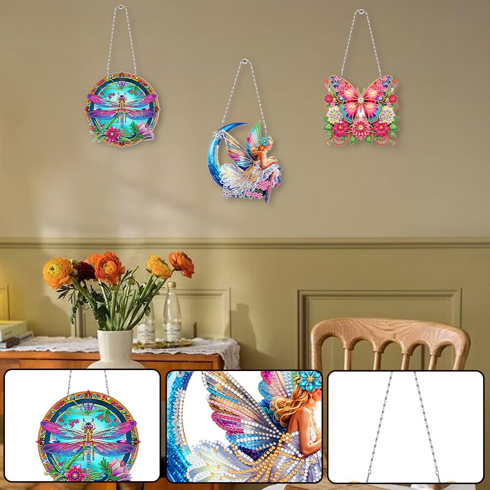 3Pcs DIY Hanging Diamond Art Pendant Kit Butterfly Dragonfly Fairy, Special Crystal Acrylic Diamonds Painting Ornament Kit for Adults, 5D Diamond Art Suncatchers Gem Painting Box Kit (Pink)