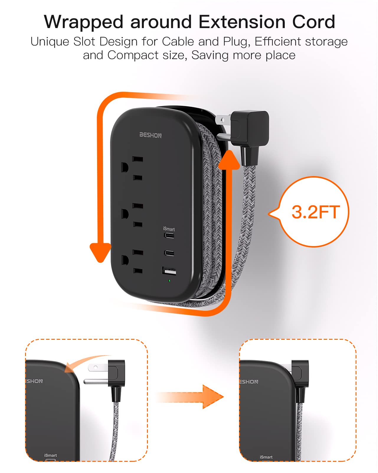 BESHON Flat Plug Power Strip, 3 Outlets with 3 USB Ports(2 USB C), Ultra Flat 3.2ft Wrapped Around Extension Cord for Cruise Ship, Travel, Dorm Room Essentials