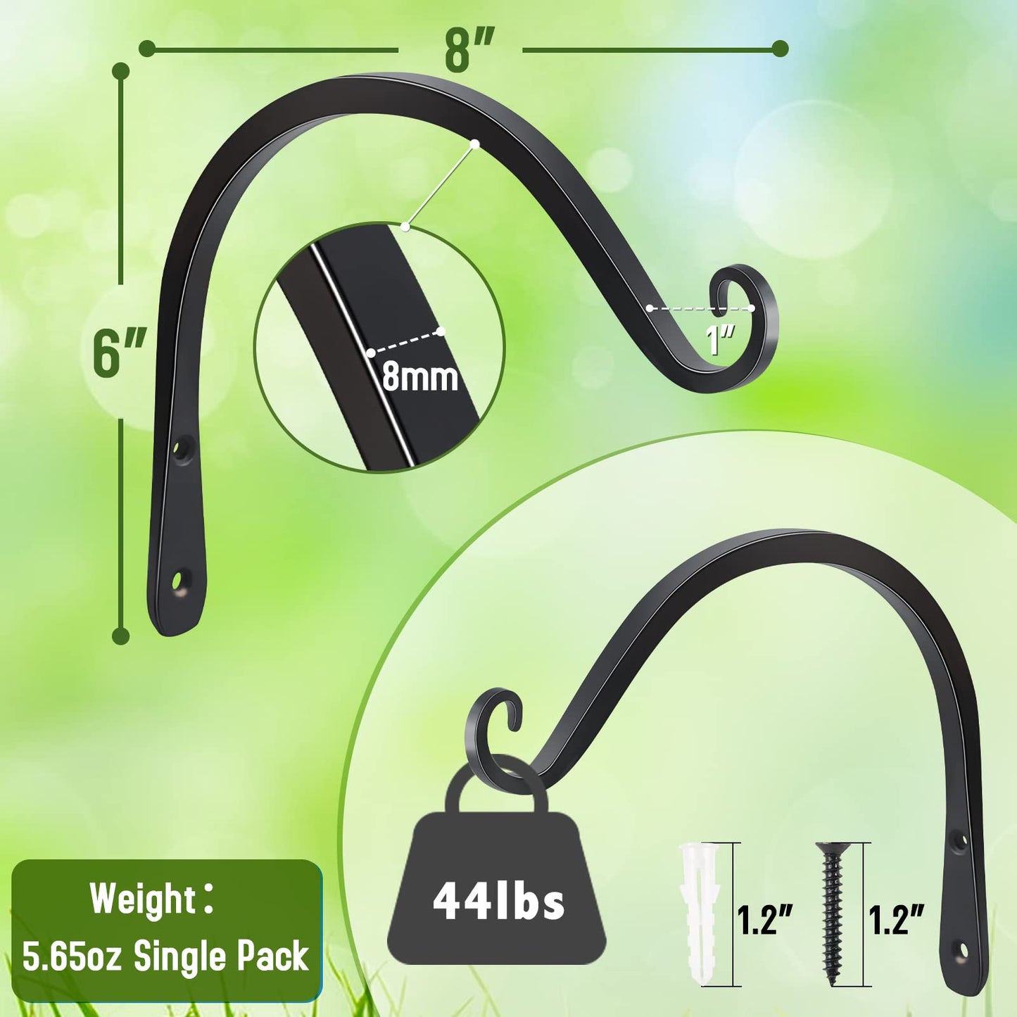 FEED GARDEN 2 Pack 8 Inch Hanging Plant Bracket Wall Hooks Decorative Plant Hangers for Outdoor Hanging Bird Feeders, Wind Chimes, Plant Baskets, Black