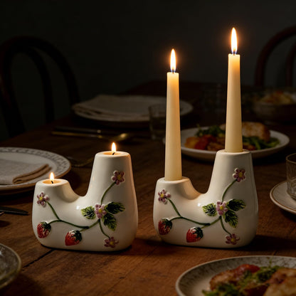 Ceramic Candle Holder Set of 1, Double Tapered Candlestick Holders with Strawberry 3D Relief Design, for Dining Table, Wedding, Home Decor, and Mantelpiece - White
