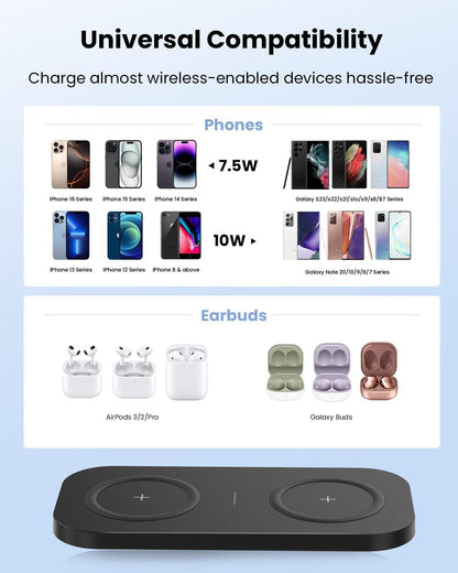 Wireless Charger, 10W Max Dual Charging Pad for iPhone 15/14/14 Plus/13 Pro Max/Pro/Mini/12/11, Airpods 3/2/Pro, Samsung S22/S21, QC 24W Adapter, Charging Adapter