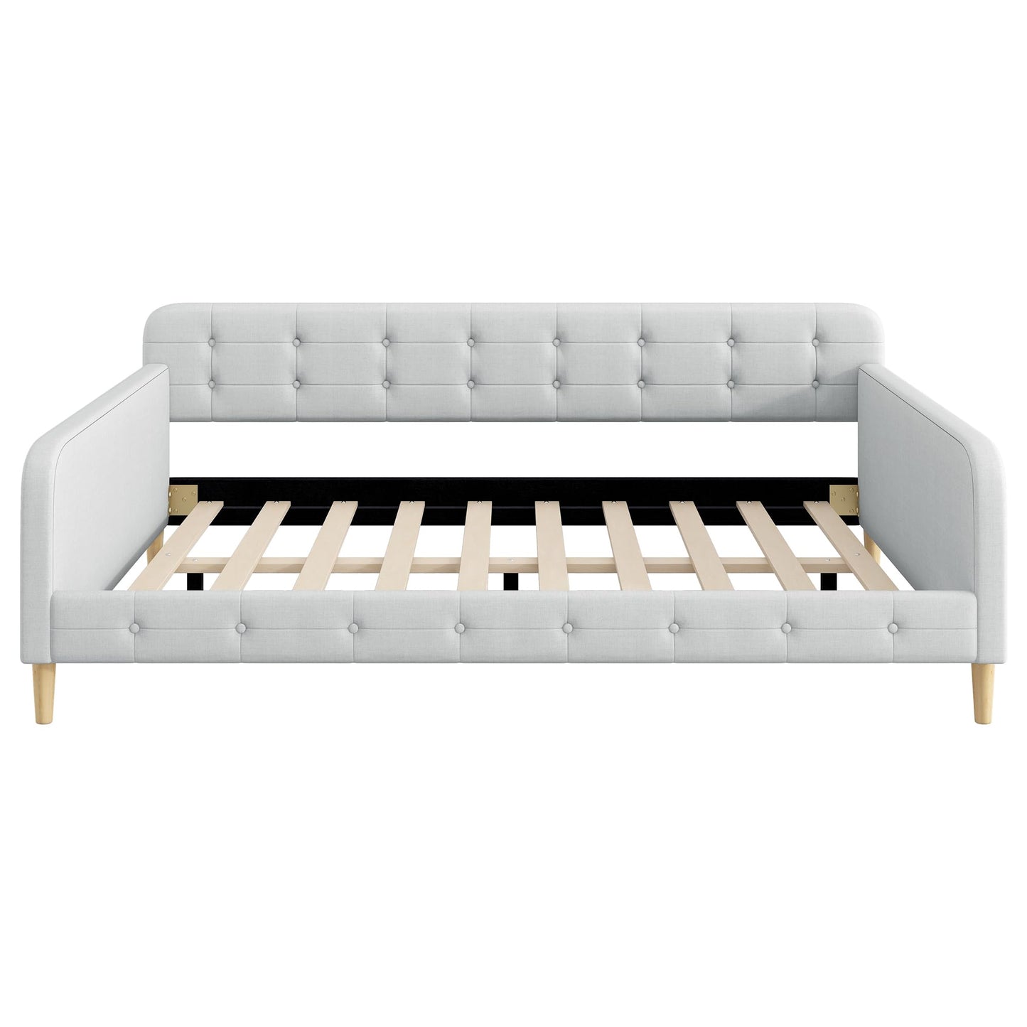 GDFStudio Queen Size Upholstered Daybed with Linen, Solid Pine Wood + MDF Frame, Foam-Filled Backrest, 4 Support Legs, No Box Spring Needed, Sturdy Queen Sofa Bed for Living Room or Guest Room, Beige