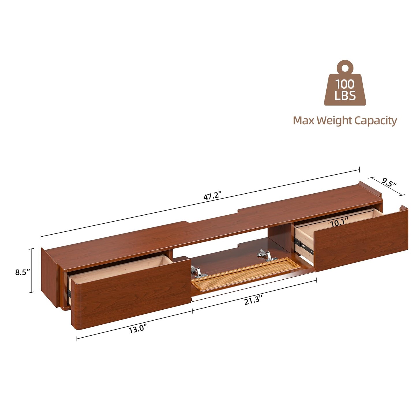 FurniNova Fully Assembled Floating TV Stand Wall Mounted 47'',High Gloss Floating Media Console with 2 Drawers & Rattan Door, Under TV Shelf for Living Room Bedroom Entertainment Center,Walnut