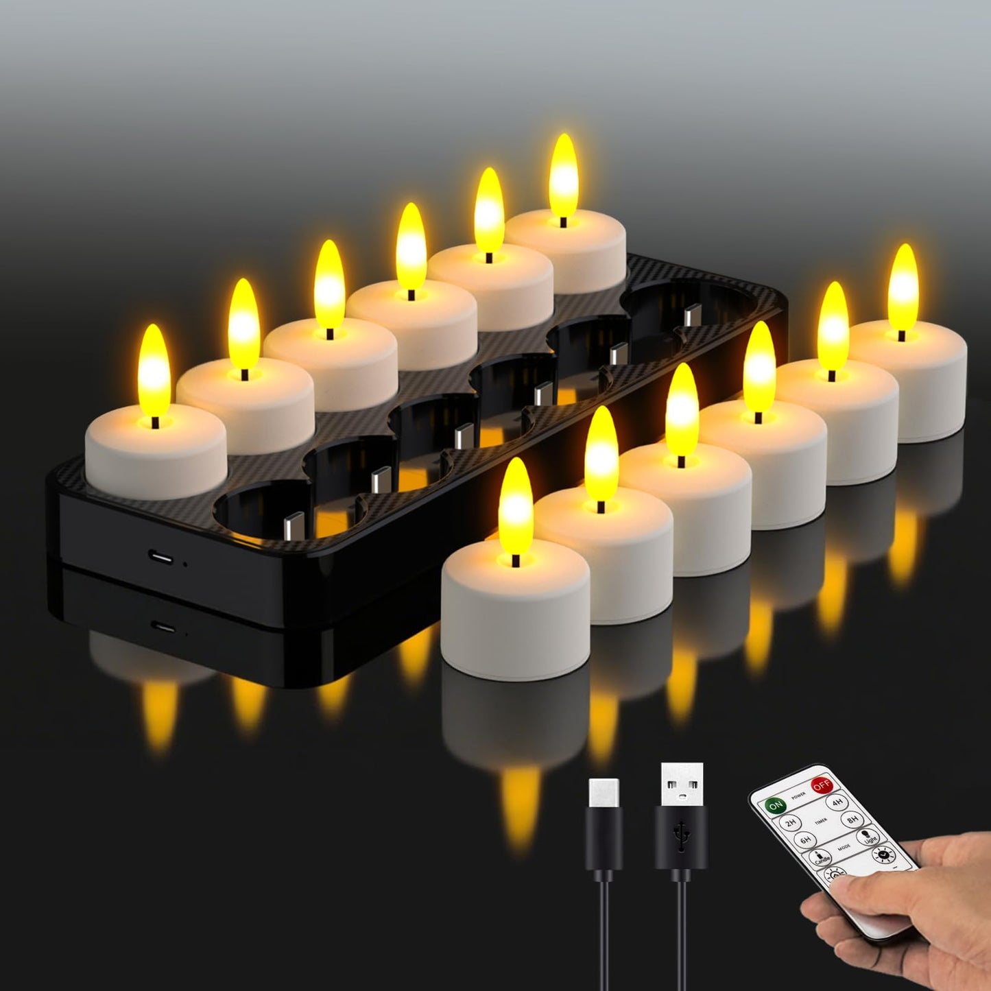 HL Rechargeable LED Tea Lights with USB Charging Base & Remote Timer - Battery Operated Flameless Flickering Votive Candles for Weddings, Emergency, Halloween, and Christmas Decorative 12pcs