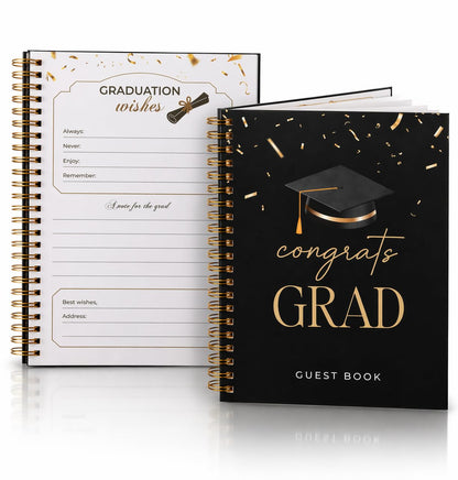 Paper 'n Such Black and Gold Graduation Guest Book, Hardcover Spiral Book with Confetti Design - Grad Party Supplies Favors