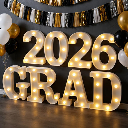 Bomivix 2026 Graduation Decorations – 8 LED Marquee Light-Up Letters,Grad 2026" for Preschool, Kindergarten, School, and College Party Décor