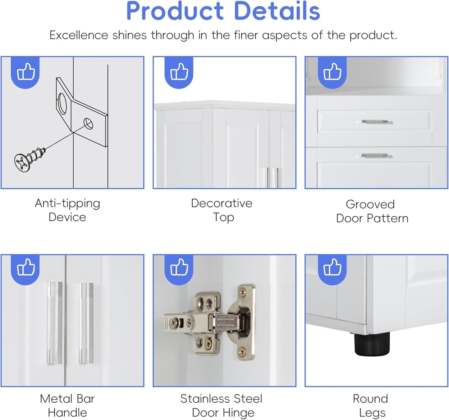 Virubi Tall Bathroom Cabinet with Storage, Wood Tall Bathroom Storage Cabinet with Adjustable Shelves, Freestanding (White)