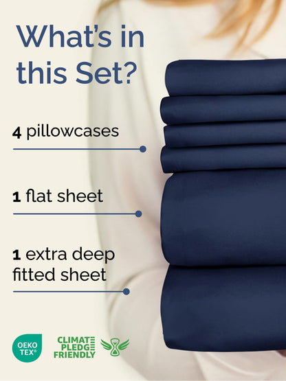 Skiennix Extra Deep King Sheet Set - 6 Piece Breathable Cooling Bedding - Soft Wrinkle-Free Navy Blue