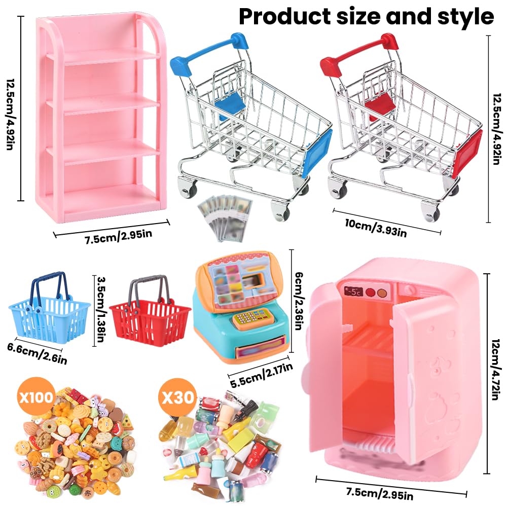 DULEFUN 143pcs Mini Shopping Cart Basket Miniature Food Drink Bottle Toys, Supermarket Shelve Metal Handcart Cash Register for Dollhouse Store AccessoryPretend Play Cosplay Game Kids Party Favor