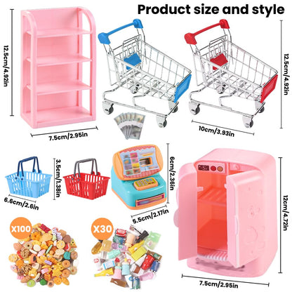 DULEFUN 143pcs Mini Shopping Cart Basket Miniature Food Drink Bottle Toys, Supermarket Shelve Metal Handcart Cash Register for Dollhouse Store AccessoryPretend Play Cosplay Game Kids Party Favor