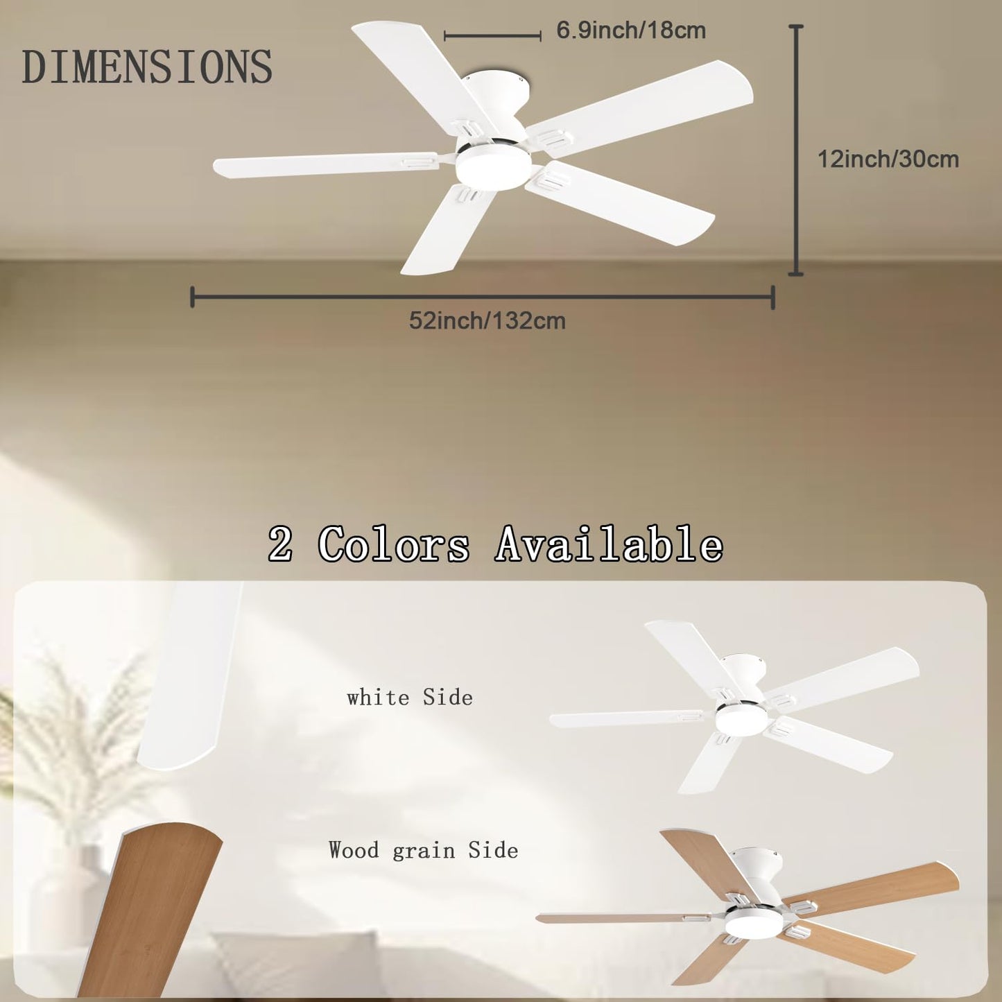 GJeg Ceiling Fans with Lights, 52 Inch Low Profile Ceiling Fan with Light and Remote, Flush Mount Ceiling Fan, 3CCT, Dimmable, Noiseless, Ceiling Light Fan for Bedroom, Indoor/Outdoor Use,White
