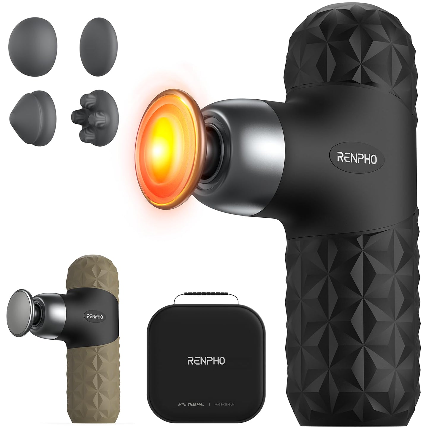 RENPHO Mini Thermal Massage Gun with Heat, Portable Deep Tissue Percussion Massager, Color Silicone Sleeves Travel Size with Carry Case, Grey