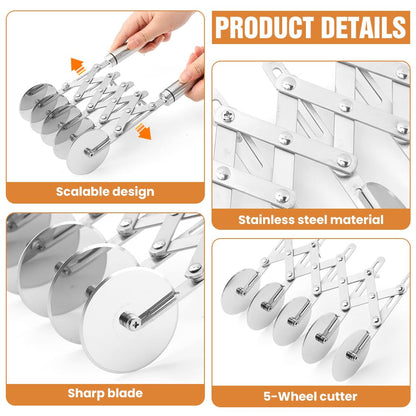 5 Wheel Pastry Cutter, Expandable Stainless Steel Dough Cutter Wheel with Handle, Baking Roller Cookie Dough Divider, Multi-Round Pastry Knife, Pizza Cutter Roller and Pie Server