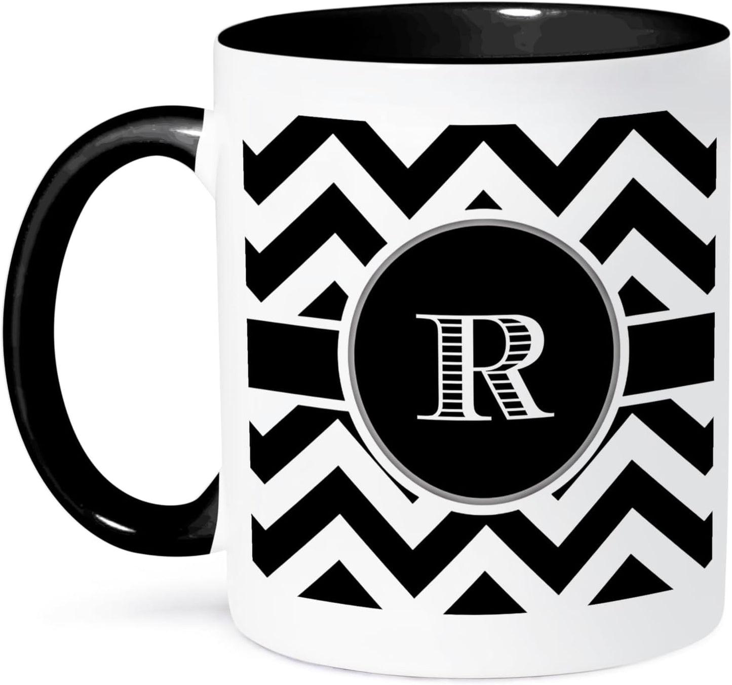 3dRose Black and White Chevron Monogram Initial R Mug, Two Tone Black, 11oz