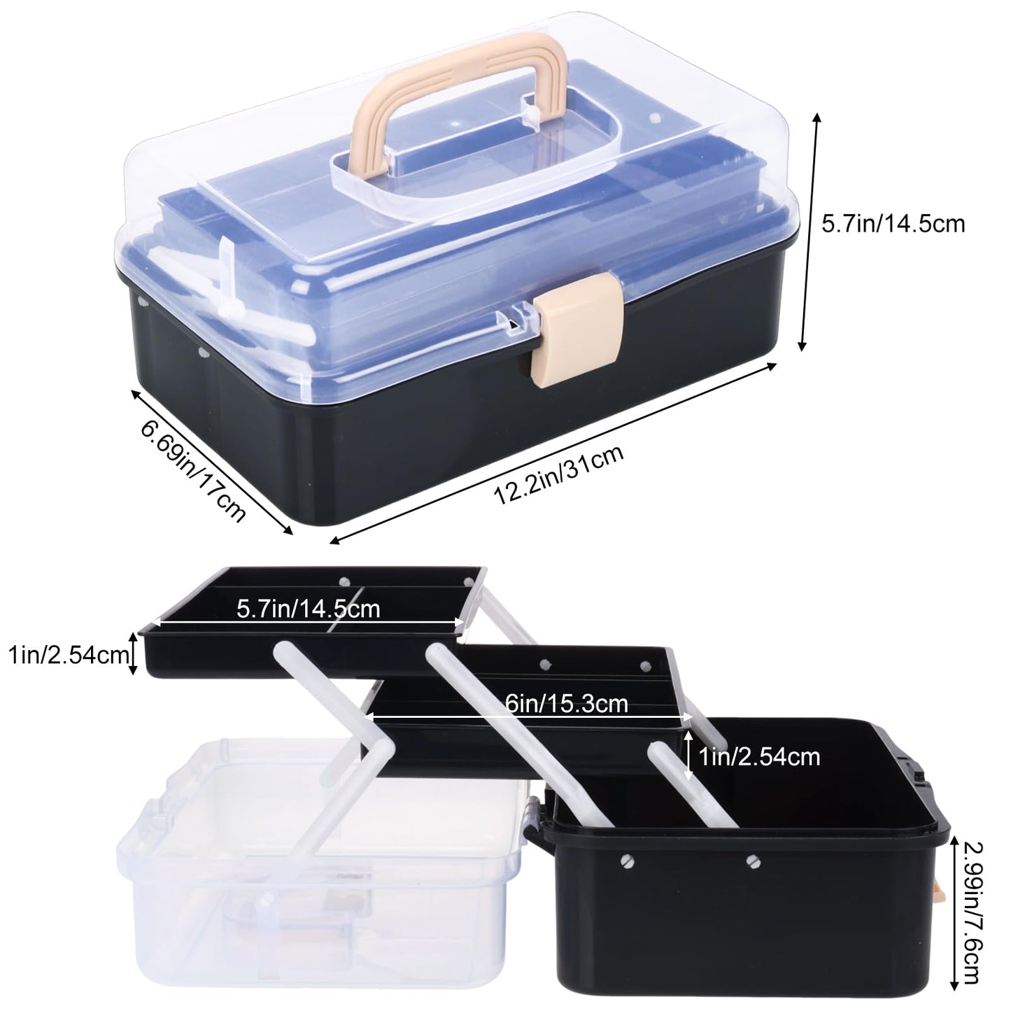Craft Organizers, Tackle Box 3-Layer Portable Folding Toolbox, Plastic Tool Box with Handle for Sewing Supplies, Medicine, Art Supplies, Nails and Hair Accessories 12.5inch Black