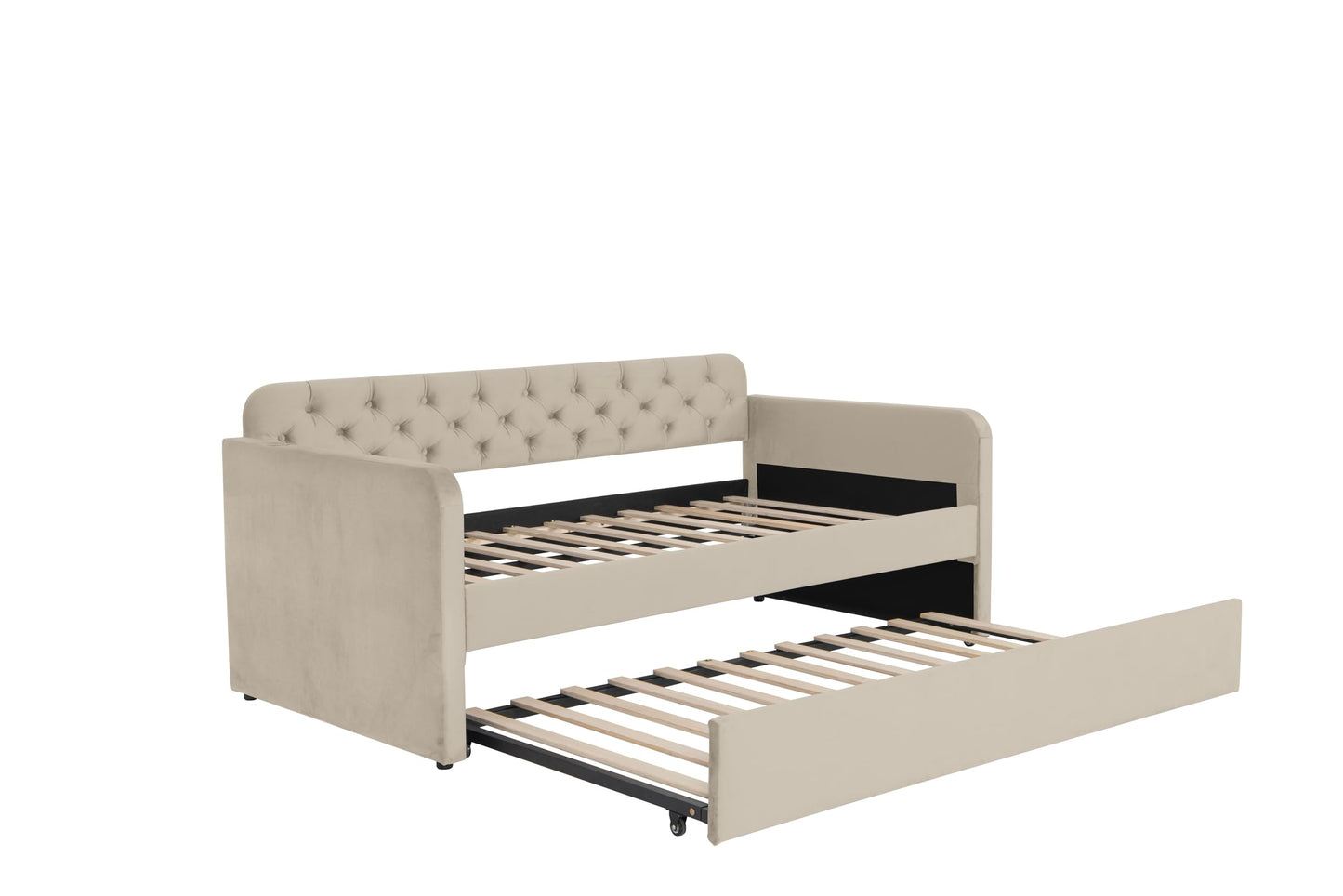 GDFStudio Twin Size Daybed with Trundle, Velvet Upholstered Twin Bed Frame with Headboard & USB Charging Station, Tufted Wood Platform Sofa Bed, Solid Slap Sofa Bed, No Box Spring Needed, Light Beige